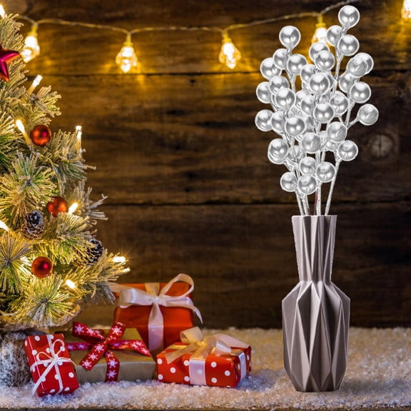 UPOUART Fake Berry Picks Glitter Silver Plastic Decorative Berries 30 Pieces for Crafts and Home Decor