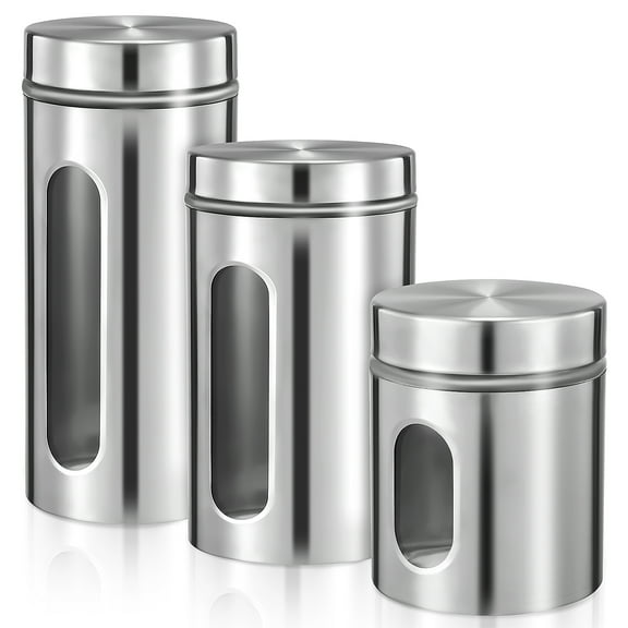 UPOUART 3Pcs Silver Airtight Metal Food Canisters Cylindrical for Kitchen Home Transparent Window Design