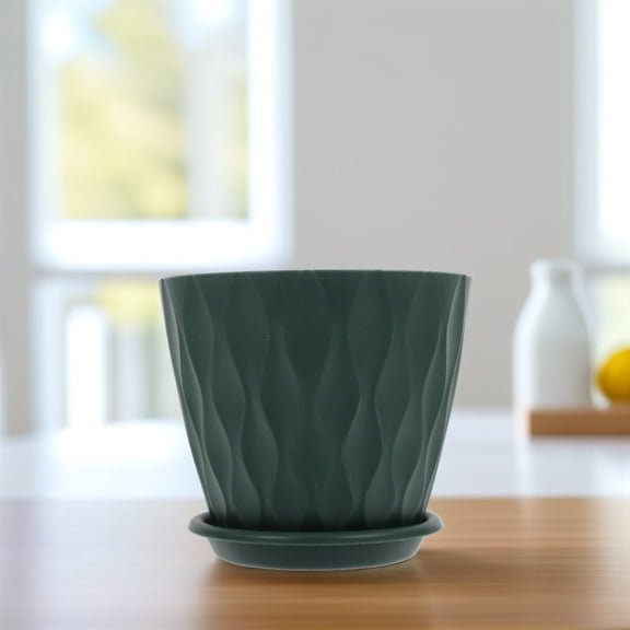 UPOUART 4Pcs Minimalist Green Plastic Plant Containers with Tray Large Indoor Flower Planters