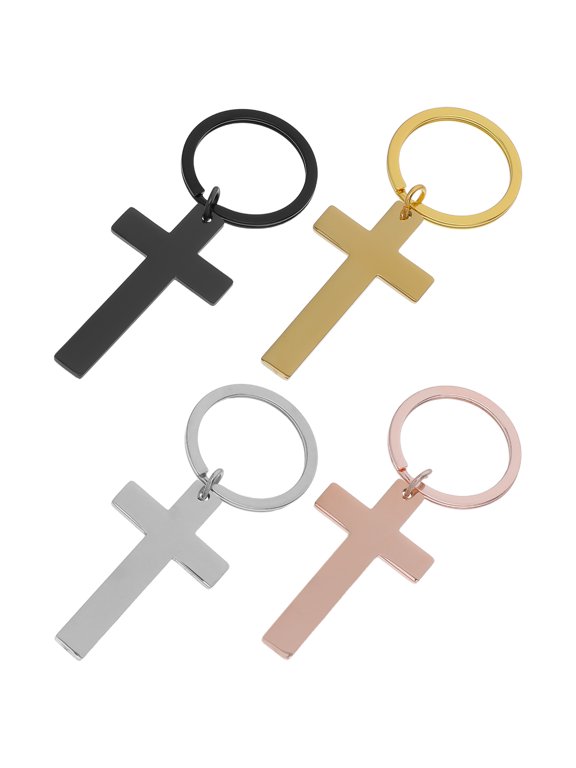 4-Piece Stainless Steel Cross Keychain Set with Assorted Colors, Engravable Key for Baptism and Church Decorations