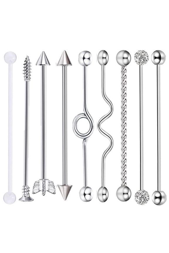 9-Piece Industrial Barbell Jewelry Set with Sparkling Rhinestones for Trendy Casual and Daily Wear Accessories