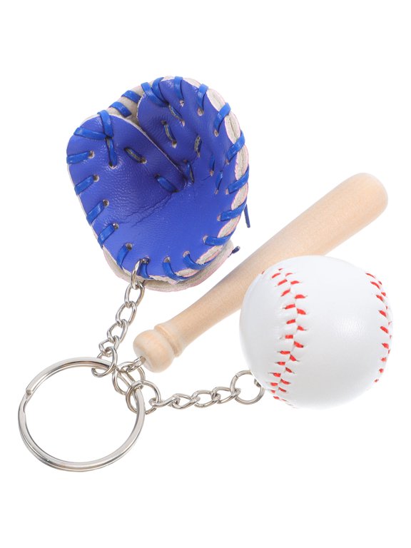 Blue Baseball Keychain with Softball Glove and Bat Design Durable PU Material Sports Accessory for Bags