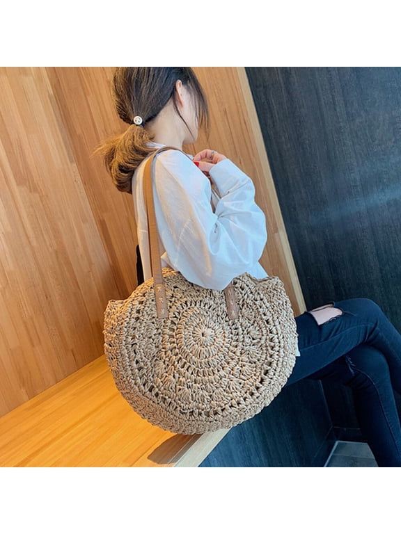 Bohemian Circle Rattan Bag Khaki Handwoven Durable Travel Tote