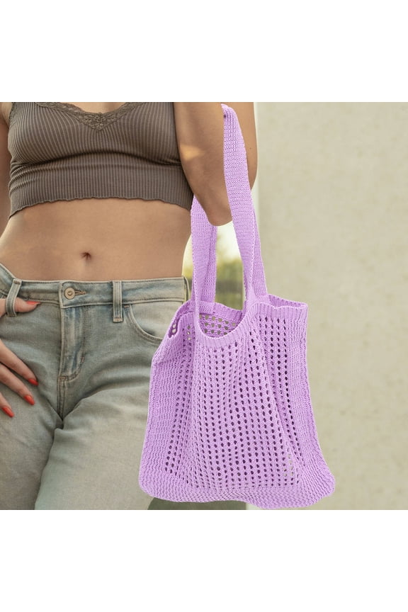 Knitted Violet Shoulder Tote Bag for Women, Casual Hollow Pattern Handbag, Lightweight and Stylish Storage Purse