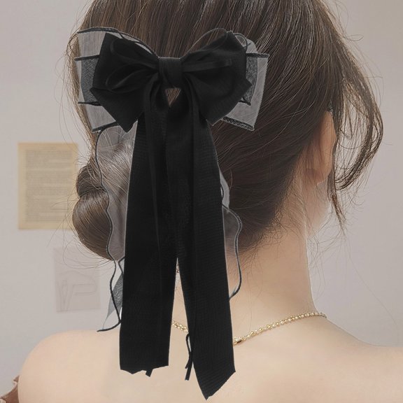 UPOUART Large Black Bow Hair Clip with Polyester Mesh Lace Ribbon, Elegant Accessory for Special Occasions and Events