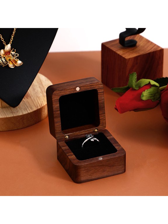 Wooden Ring Box Small Compact Ring Case for Wedding Proposal Storage