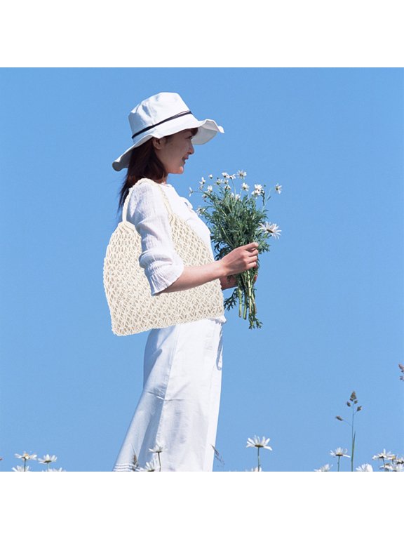 Handmade White Cotton String Bag, Lightweight Knitted Mesh Tote, Beach and Everyday Use