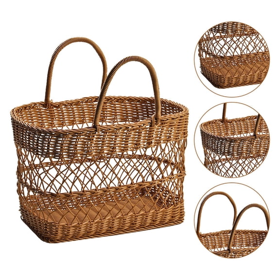 UPOUART Handmade Faux Rattan Woven Basket Portable Fruit Storage Container for Kitchen Use and Outdoor Picnic