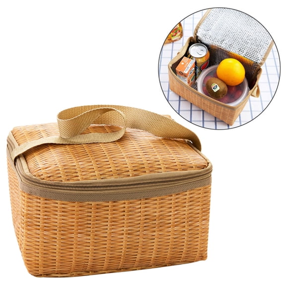 UPOUART Imitation Rattan Lunch Bag for Storage with Insulated Waterproof Design Light Brown Portable and Lightweight