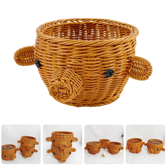 UPOUART Khaki Faux Rattan Pig-Shaped Fruit Basket, Kitchen Countertop Storage Organizer for Fruits and Snacks