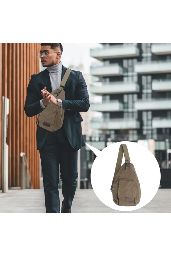 Men Sling Backpack in Green Canvas with Hard Plastic and Alloy Details for Casual Outdoor Use