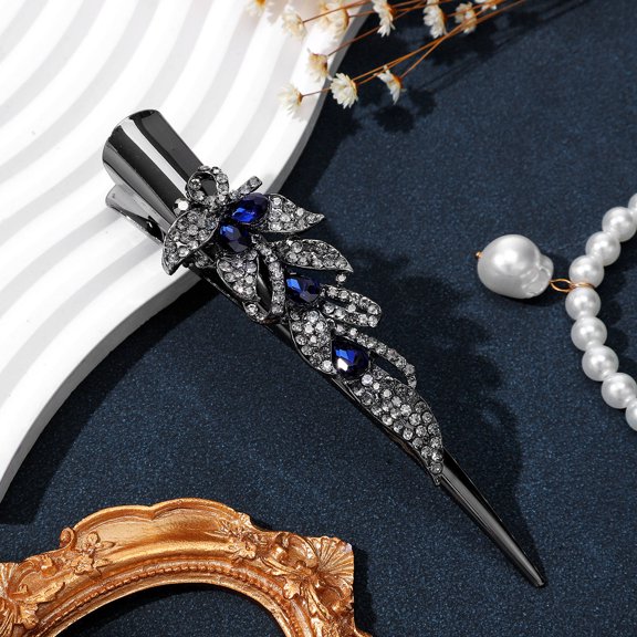 UPOUART Elegant Black Alligator Hair Clip Metal Rhinestone Barrette for Party and Daily Wear