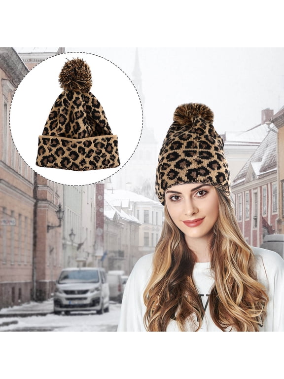 Warm Hat Knitted Wool Coffee Leopard Pattern Soft Winter Beanie