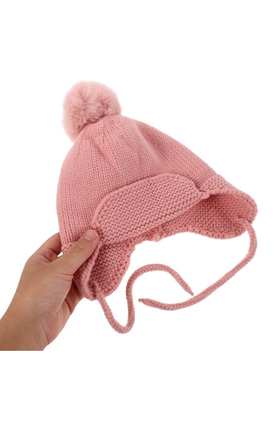 Baby Knitted Winter Hat with Adjustable Tie Straps Soft Wool Yarn for Kids Outdoor Use Size 0-12 Months