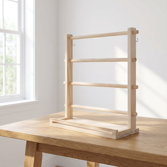 UPOUART 4-Tier Wooden Ribbon Holder Organizer Rack with Measuring Scale, Hooks for Craft Storage and Wrapping