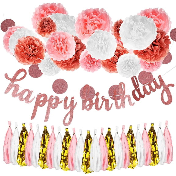 UPOUART Rose Gold Pink Birthday Party Decorations Set Includes Happy Birthday Banner, Circle Dots Garland and Paper Tassels Garland Perfect for Women's Celebrations