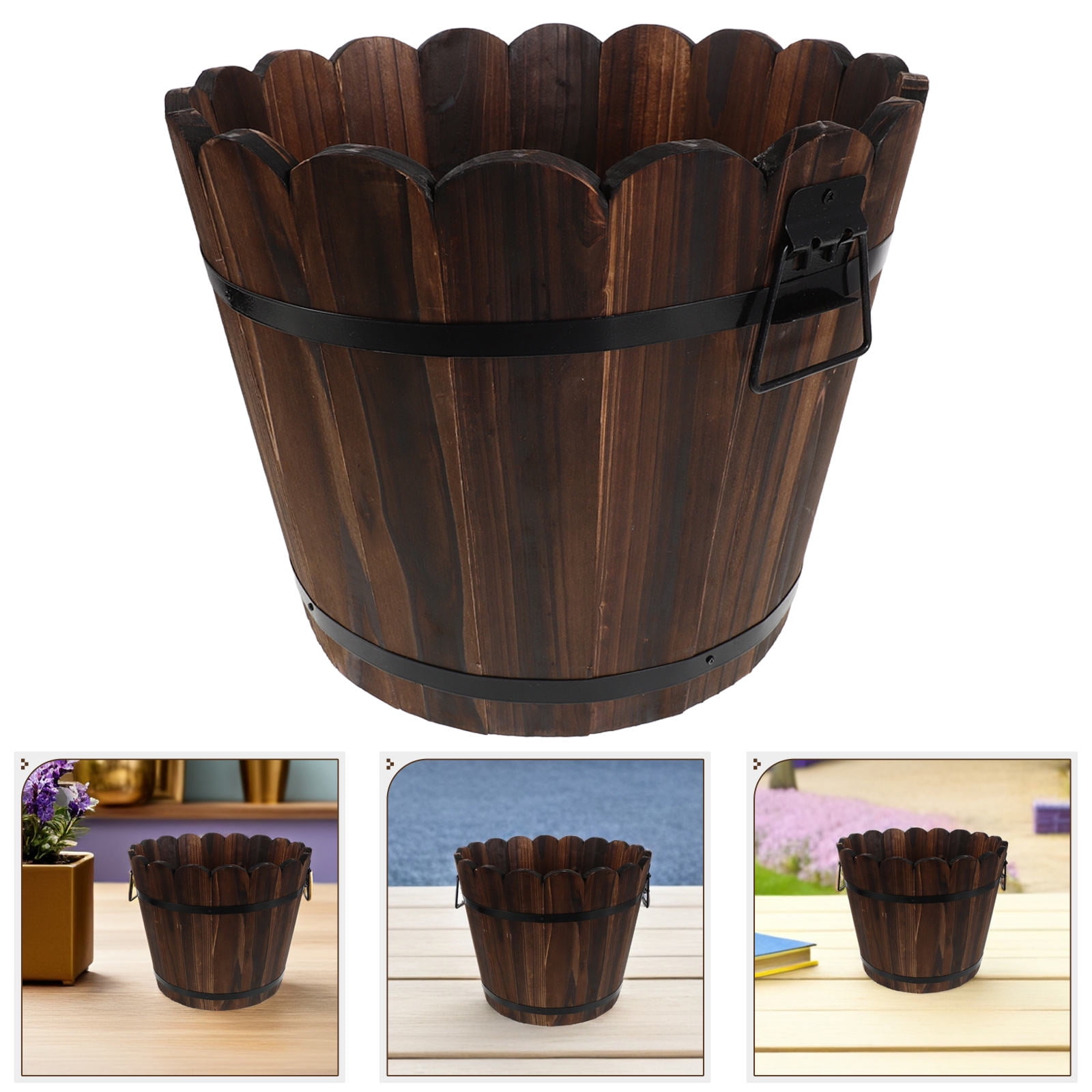 UPOUART Rustic Solid Wood Flower Bucket Planter Pot in Coffee Color for Indoor Gardening and Home Decor