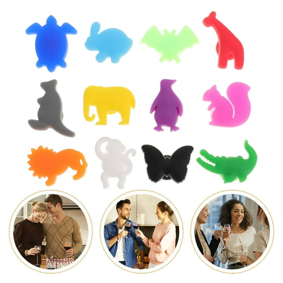 UPOUART 12-Piece Silicone Wine Glass Charms with Cute Animal Designs, Assorted Colors for Party Drink Markers and Decoration