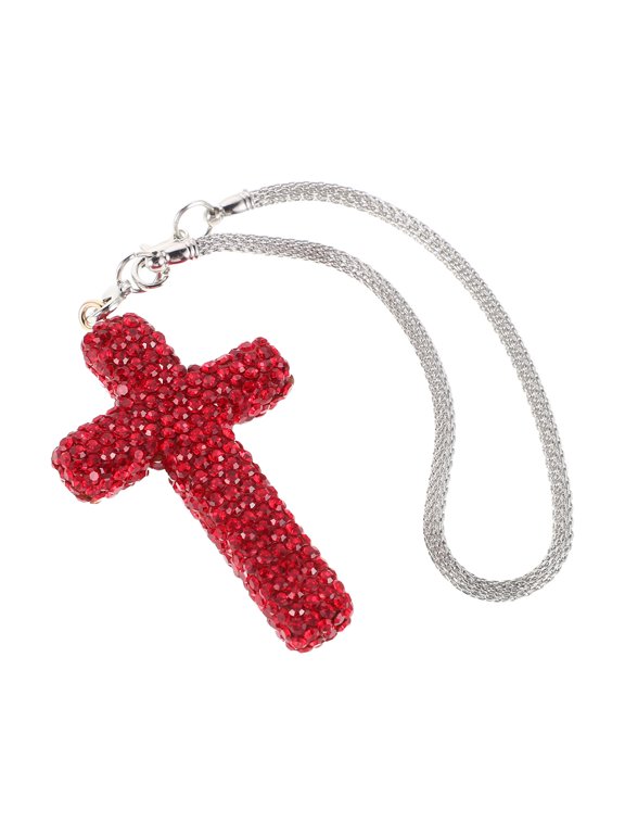 Red Car Rearview Mirror Pendant Necklace, Cross Charm Auto Hanging Ornament with Sparkling Rhinestone Decor