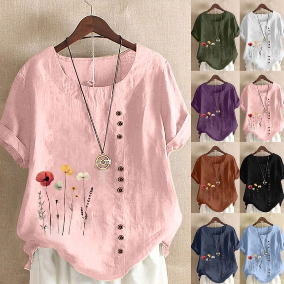 UPPADA Under 10 Linen Shirts for Women Casual Loose Fit Summer Tops Floral Print Crew Neck Buttons Shirts Short Sleeve Trendy Blouses Plus Size Tunic Blouse Loose Fit Baggy Daisy Blouses Pink,XXXL