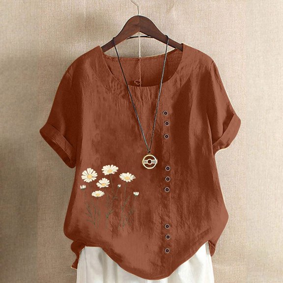 UPPADA Under 10 Linen Shirts for Women Casual Loose Fit Summer Tops Floral Print Crew Neck Buttons Shirts Short Sleeve Trendy Blouses Plus Size Tunic Blouse Loose Fit Baggy Daisy Blouses Coffee,XL