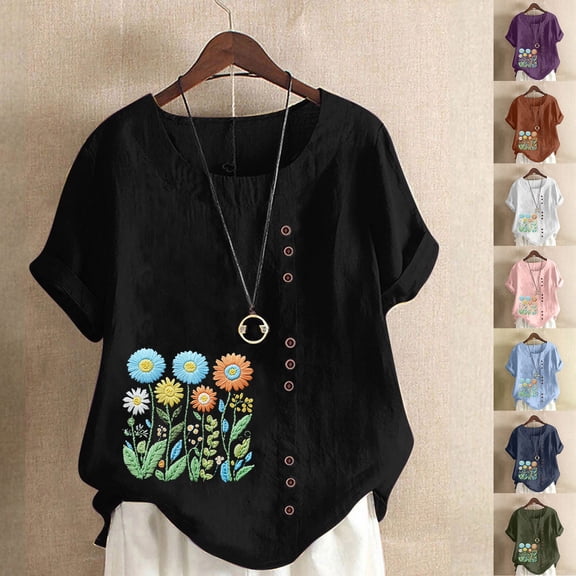 UPPADA Under 15 Linen Shirts for Women Casual Loose Fit Summer Tops Floral Print Crew Neck Buttons Shirts Short Sleeve Trendy Blouses Plus Size Tunic Blouse Loose Fit Baggy Daisy Blouses Black,XXXL