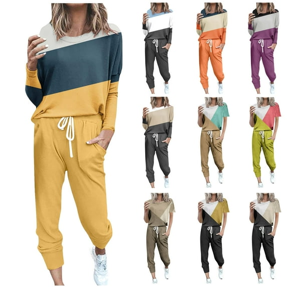 UPPADA 2 Pcs Set for Women Lounge Sets Two Piece Pajama Set Long Sleeve Crewneck Jogger Drawstring Waist Outfits and Sweatpants Tracksuit with Pockets Khaki,XXXXXL