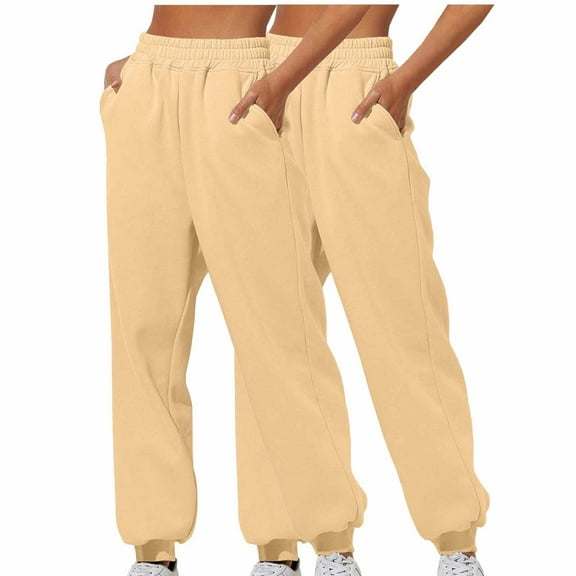 UPPADA 2 Pcs Womens Sweatpants High Waisted Jogger Pants Lounge Wear Outfits for Women Elastic Bottom Sweatpants Trendy Baggy Joggers with Pockets Beige,XL