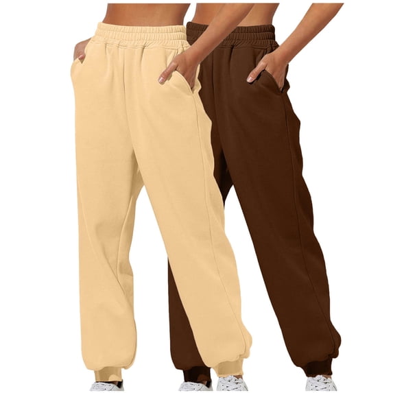 UPPADA 2 Pcs Womens Sweatpants High Waisted Jogger Pants Lounge Wear Outfits for Women Elastic Bottom Sweatpants Trendy Baggy Joggers with Pockets Khaki,XL