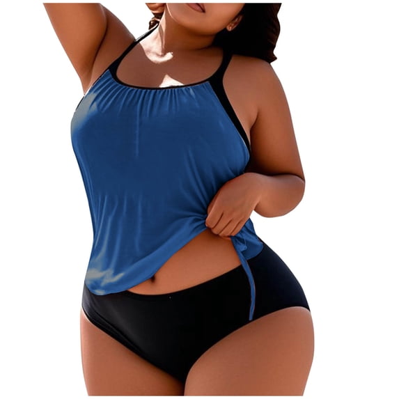 UPPADA 2 Piece Bathing Suit Women Spaghetti Strap Tankini Swim Top Classic Solid Color Tummy Control Tankini Bathing Suit Ruffle High Waisted Swimsuit Blue Tankini Swimsuits for Women,XXXXXL