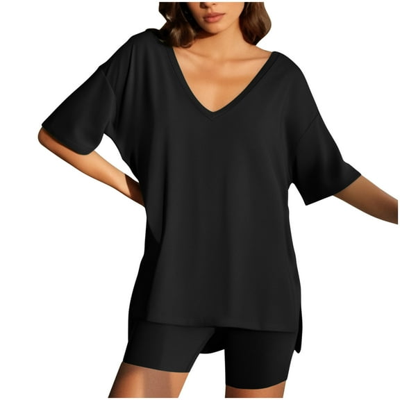 UPPADA 2 Piece Beach Sets for Women Plus Size Pajama Set 2 Piece Soft Short Sleeve with Pockets Shorts Sleepwear Knit Pjs Lounge Set Sweatsuits Black,M