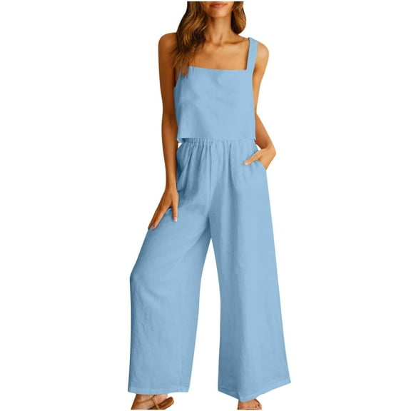 UPPADA 2 Piece Beach Sets for Women Two Piece Linen Set Outfits Sleeveless Crop Tops and Linen Pants Jumpsuit Matching Lounge Set Casual Summer Beach Vacation Trendy Clothes Blue,L