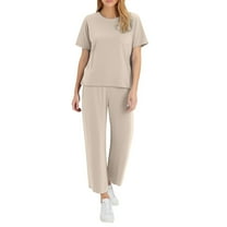 UPPADA 2 Piece Beach Sets for Women 2 Piece Lounge Sets Summer Travel Sweat Outfits Short Sleeve Wide Leg Casual Matching Tracksuits Sets Beige,L