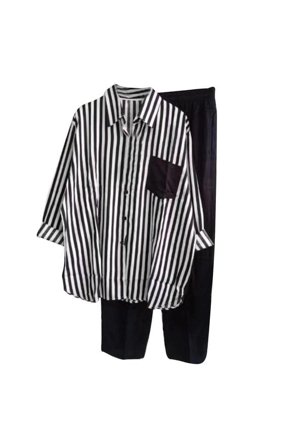 2 Piece Beach Sets for Women 2025 Summer Oversized Sets Two Piece Outfits Casual Knit Striped Long Sleeve Travel Sets Black,L