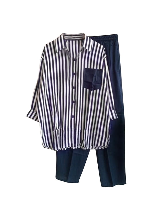2 Piece Beach Sets for Women 2025 Summer Oversized Sets Two Piece Outfits Casual Knit Striped Long Sleeve Travel Sets Blue,L