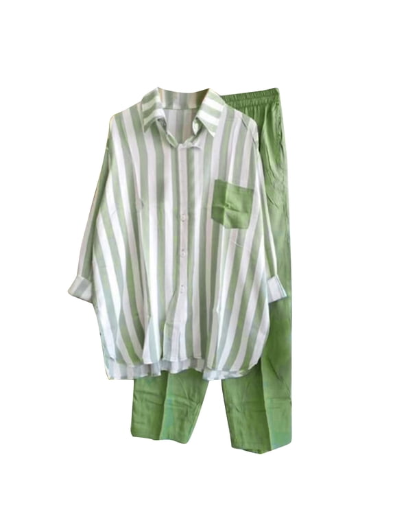 2 Piece Beach Sets for Women 2025 Summer Oversized Sets Two Piece Outfits Casual Knit Striped Long Sleeve Travel Sets Green,S