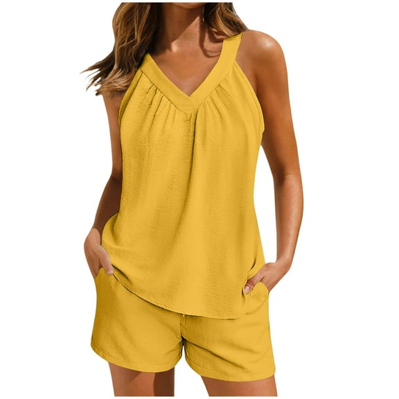 UPPADA 2 Piece Beach Sets for Women Summer Two Piece Sets Sleeveless Tank Tops and Casual Shorts Outfits 2 Piece Lounge Set Yellow,L