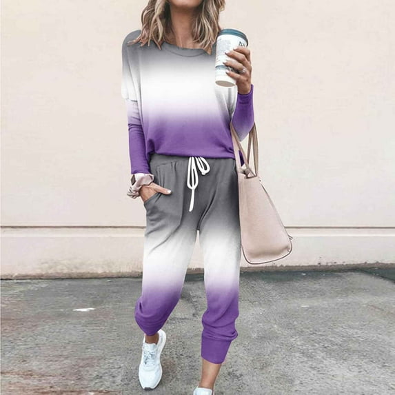 UPPADA 2 Piece Clothing Set for Women,Womens 2 Piece Sets Long Sleeve Tops High Waisted Sweatpants Lounge Set Fall Fashion Travel Outfits High Waist Pants with Pockets Purple,L