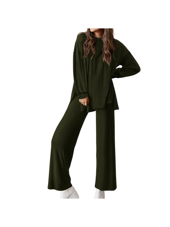 2 Piece Comfy Sets for Women,Two Piece Outfits Zip up Sweatshirt Sweatsuit Lounge Sets for Ladies Matching Set Wide Leg Sweatpant 2pc Trendy Tracksuit Army Green,XL