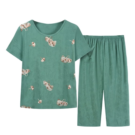 UPPADA 2 Piece Comfy Sets for Women Solid Short Sleeve Shirts and Long Elastic Pants Set Casual Dressy Sleepwear Set Green,XXXL