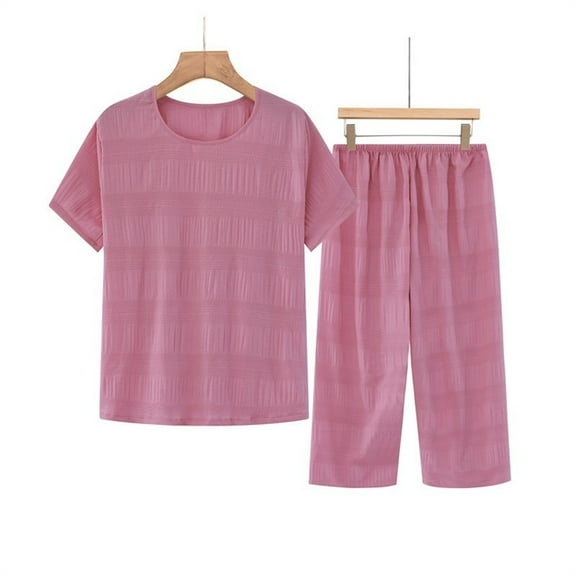 UPPADA 2 Piece Comfy Sets for Women Solid Short Sleeve Shirts and Long Elastic Pants Set Casual Dressy Sleepwear Set Pink,XL