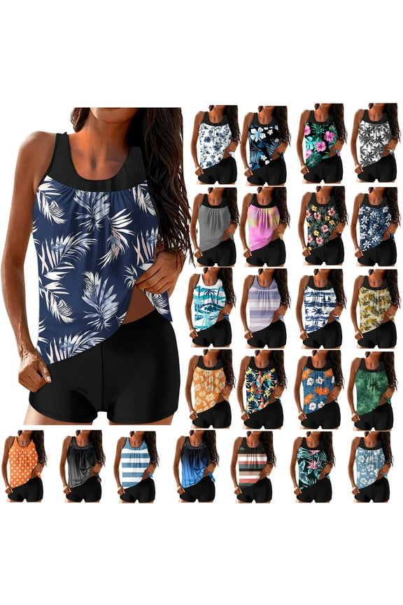 2 Piece Full Coverage Swimsuits for Women Floral Athleti Crewneck Bathing Suits High Waisted Tummy Control Modest Swimwear Comfy Tankini Top with Shorts Women Bathing Suits Blue,L