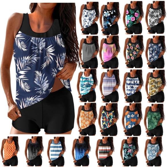 UPPADA 2 Piece Full Coverage Swimsuits for Women Floral Athleti Crewneck Bathing Suits High Waisted Tummy Control Modest Swimwear Comfy Tankini Top with Shorts Women Bathing Suits Blue,L