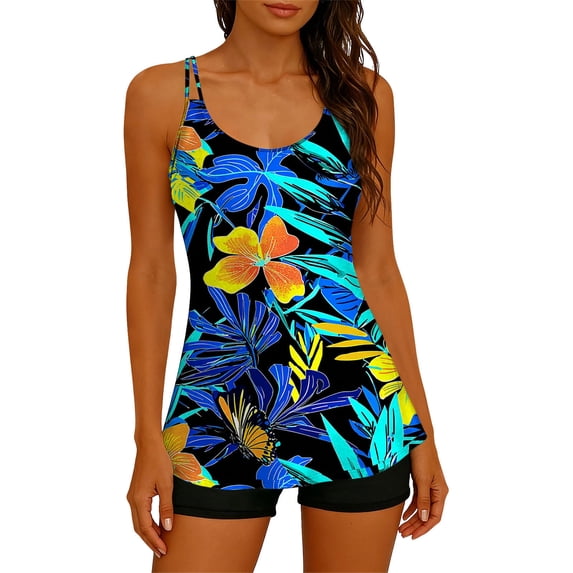 UPPADA 2 Piece Full Coverage Tummy Control Swim Suits Floral Print Swim Tank Tops With Shorts Relaxed Fit Bathing Suits Ladies Loose Fit Bathing Suit Black Swimsuit,S