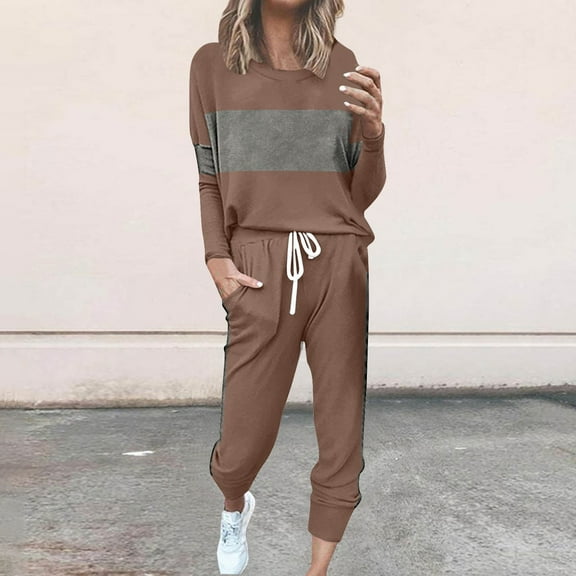 UPPADA 2 Piece Jogger Sets for Women Trendy Lounge Sets with Matching Sweatshirts Fall Fashion Outfits Trendy 2 Pc Sweatsuit Set with Pockets Khaki,XXXL