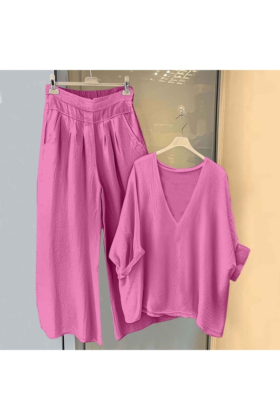 2 Piece Lounge Sets for Women Summer Fall Long Sleeve Embroidered and Capri Pants Cotton Linen Matching Set Trendy Dressy Two Piece Sets for Ladies Hot Pink,M
