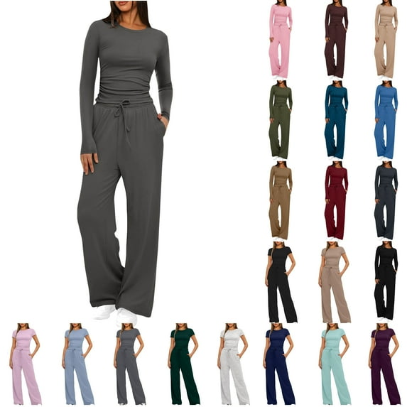 UPPADA 2 Piece Matching Summer Sweatsuit Lounge Set Womens Wide Leg Pants Side Ruching Crop Top Sets Plus Size Two Piece Outfits Dark Gray,M