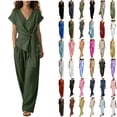 thumbnail image 1 of UPPADA 2 Piece Outfits Sets for Women Casual Summer Travel Vacation Outfits Short Sleeve Shirts and Wide Leg Pants Set Ladies Loose Linen Pants Lounge Sets Black,M, 1 of 7