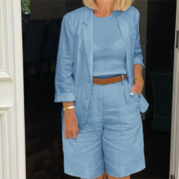 UPPADA 2 Piece Outfits for Women Work Blazer Sets 2 Piece Outfits Open Front Button up Jacket and Bermuda Shorts Suits Work Office Casual Sets with Pockets Blue,XXXXL