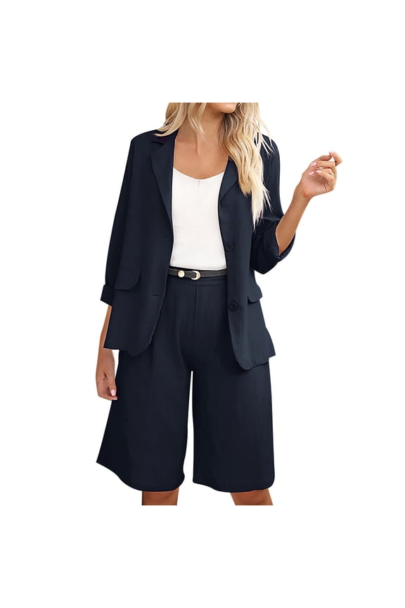 2 Piece Outfits for Women Work Blazer Sets 2 Piece Outfits Open Front Button up Jacket and Bermuda Shorts Suits Work Office Casual Sets with Pockets Navy,XXL